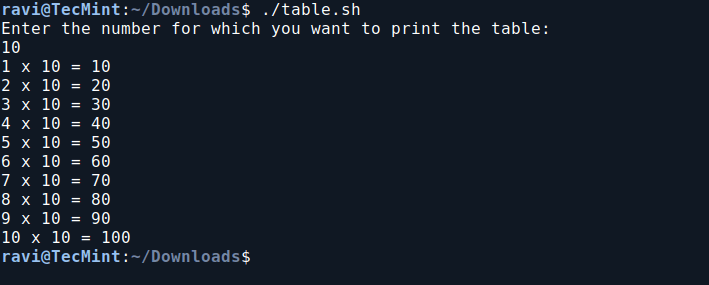 Print Multiplication Table in Bash