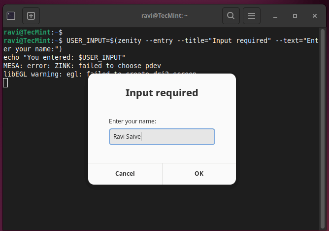 Zenity Show Text Entry Dialog