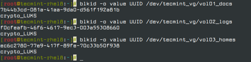 Viewing UUID’s of each Logical Volume