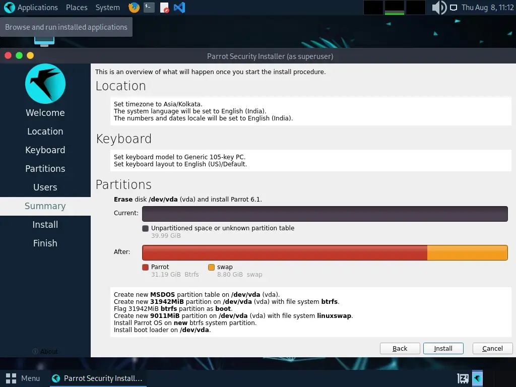 ParrotOS Install Summary