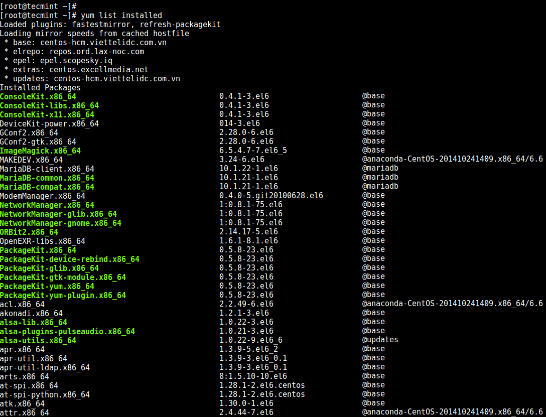 linux yum list installed packages