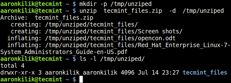 linux unzip to directory