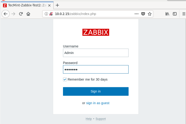 Connexion Administrateur Zabbix