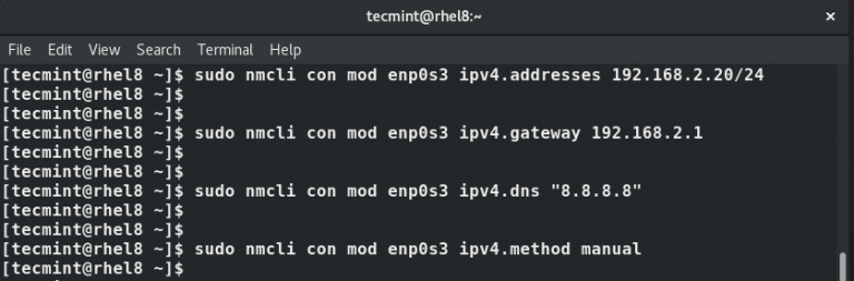 rhel change ip address nmcli