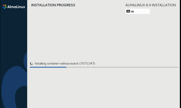 Almalinux install. ALMALINUX 8. Install progress. Icons installing progress.