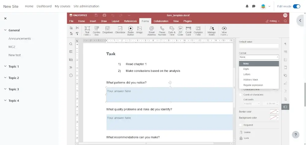 Field settings in ONLYOFFICE