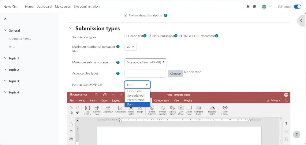 Submission type in Moodle