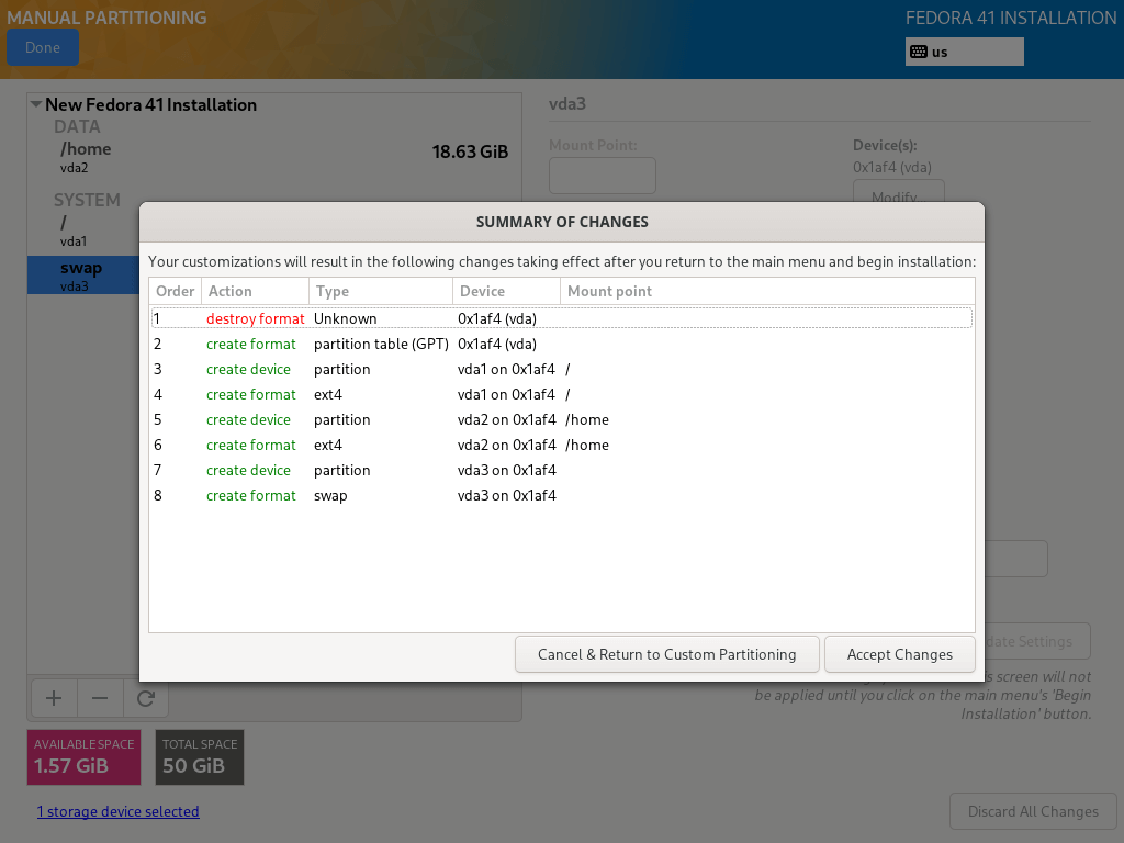 Fedora Partition Changes