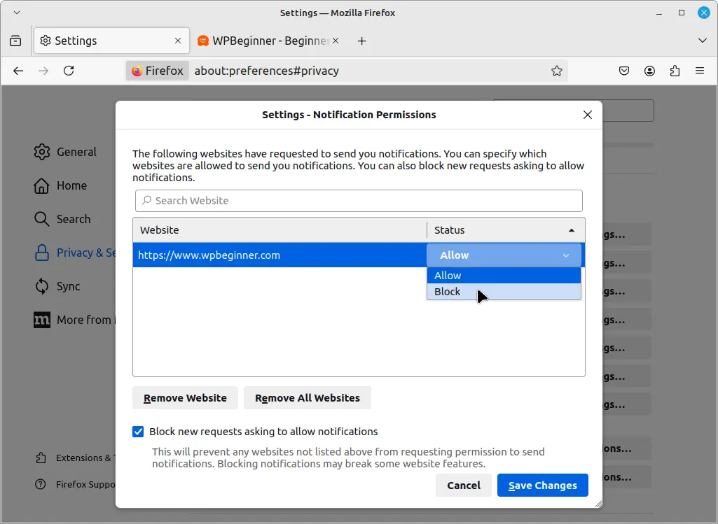 Block Website Notifications on Firefox