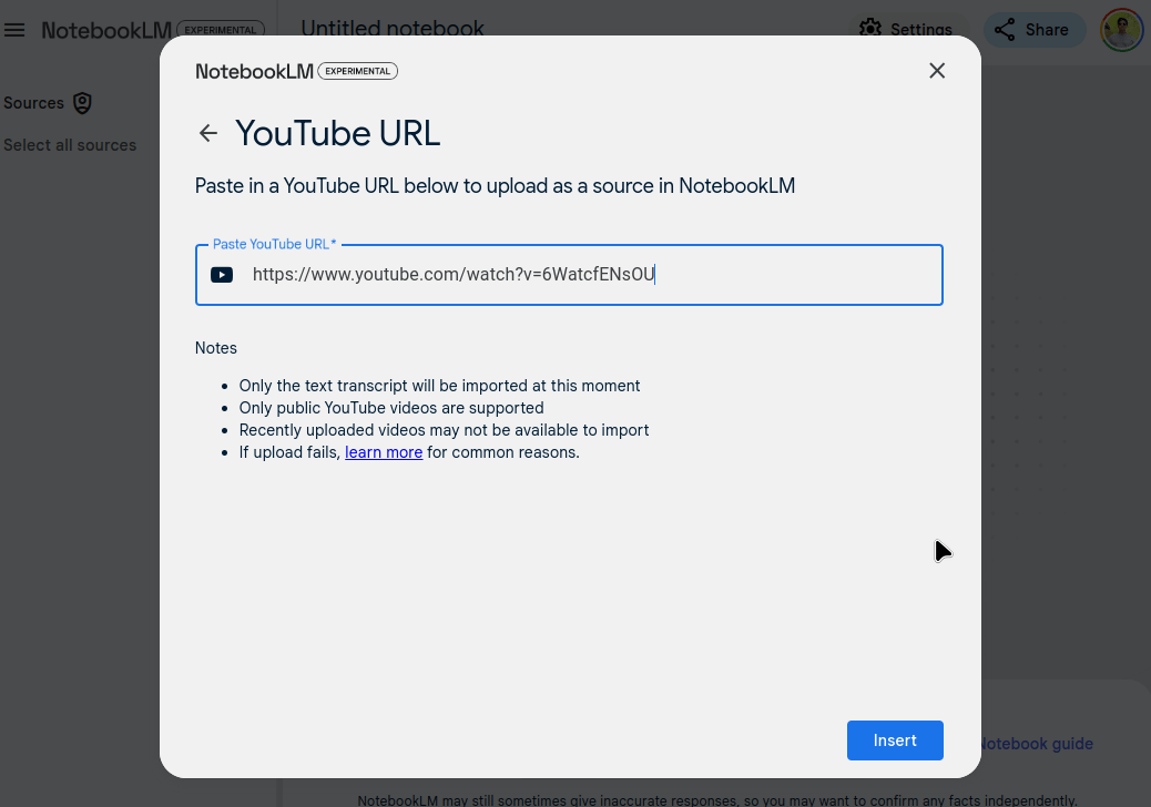 Add YouTube URL to NotebookLM