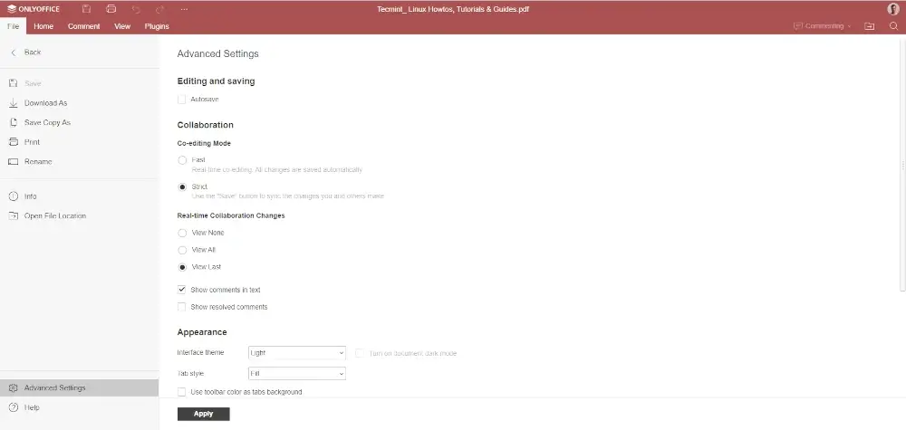 Advanced Settings in ONLYOFFICE PDF Editor