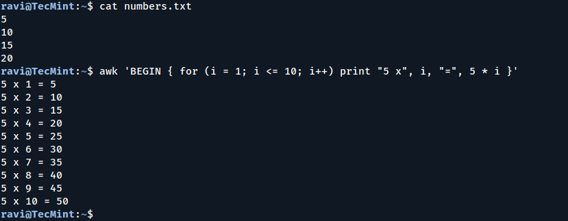 Multiplication table with awk